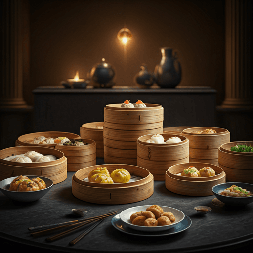 An imperial spread of steamed dim sum and dumplings in bamboo baskets